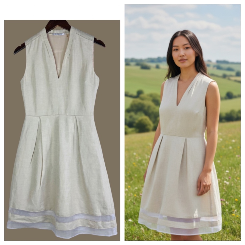 Tahari Sz 2 Small Dress LINEN Beige Ivory Slvss. V-Neck Coastal Chic - Picture 6 of 6
